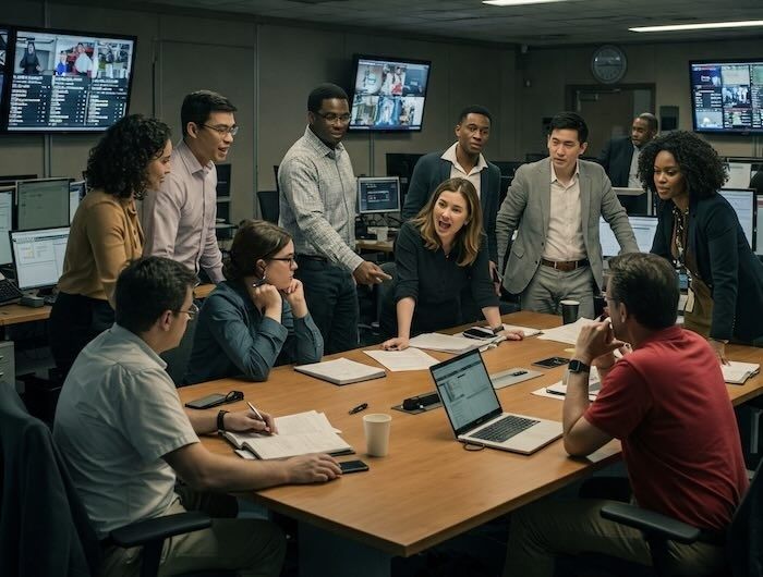 Editorial team discussing information around a newsroom conference table